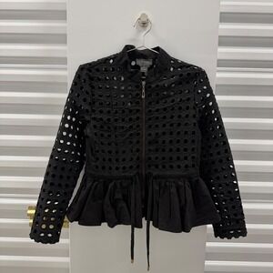 Gracia Black Eyelet Peplum Zip Up Jacket Mock Neck Small Runway Designer